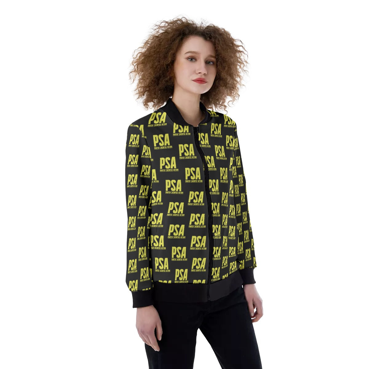 Yellow Print Women's Ribbed Stand-up Collar Jacket