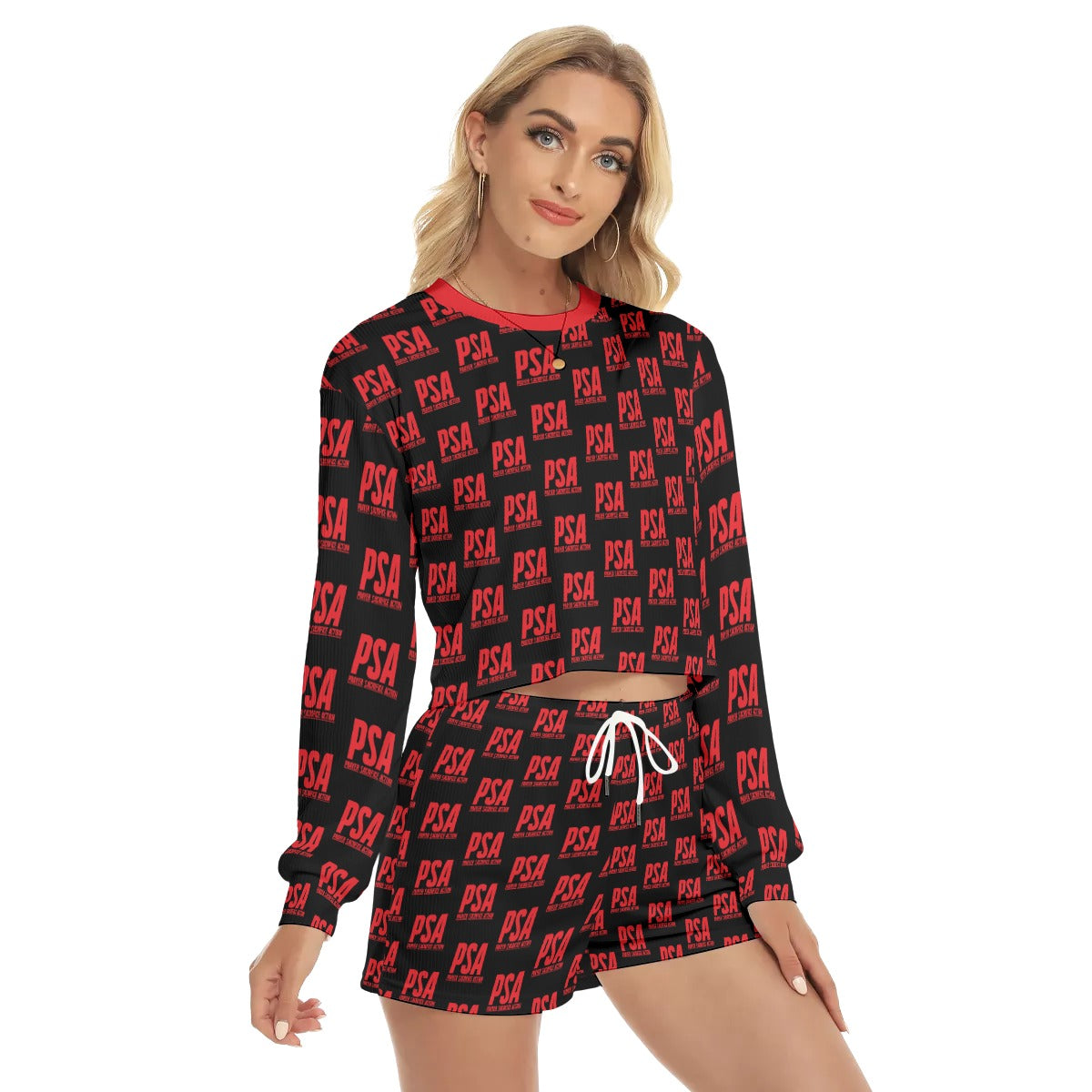 Red Classic Women's Short Sweatshirt And Pants Suit