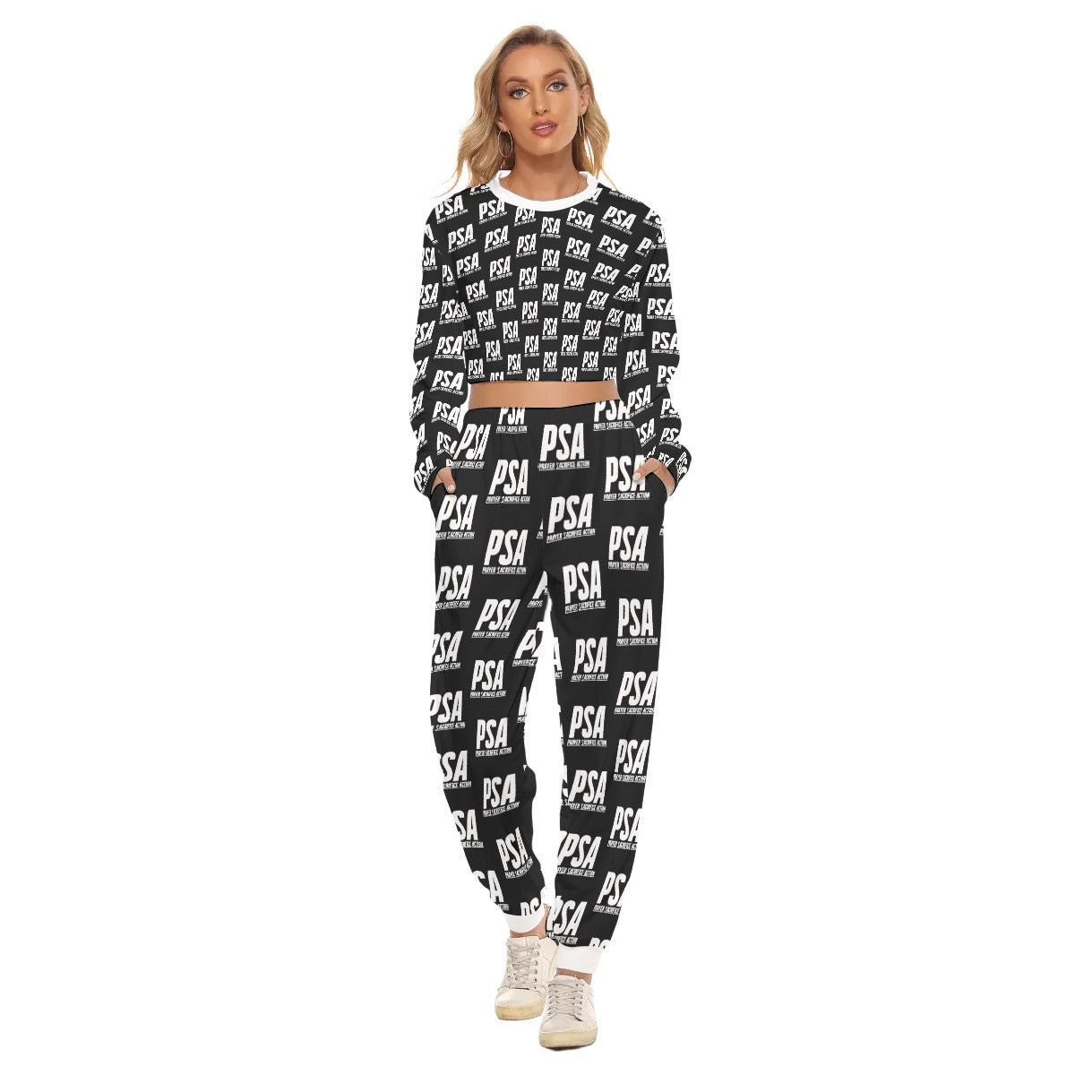 White Classic Women's Crop Sweatshirt Suit