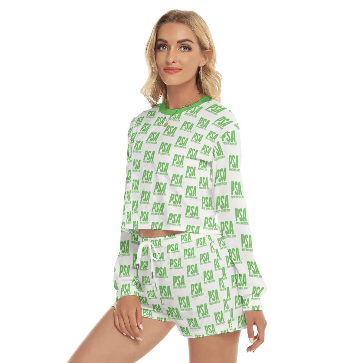 Green Classic Women's Short Sweatshirt And Pants Suit