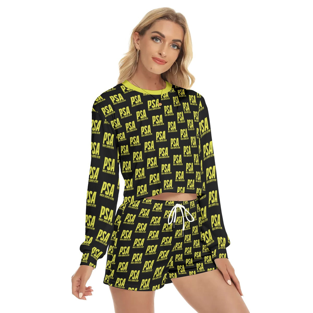 Yellow Classic Women's Short Sweatshirt And Pants Suit