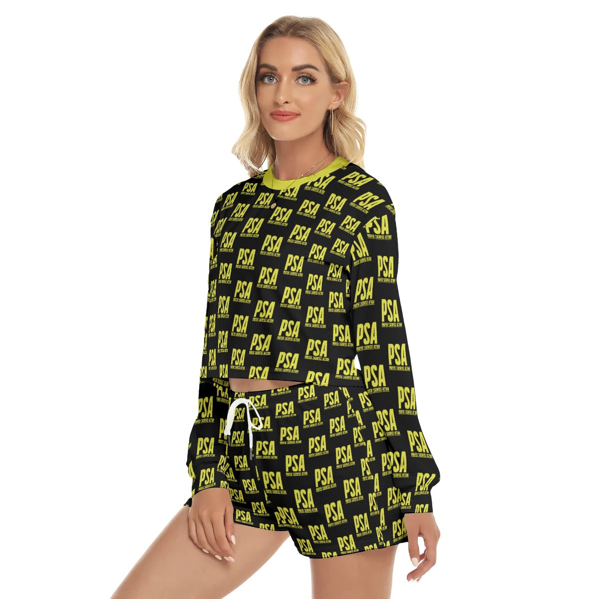 Yellow Classic Women's Short Sweatshirt And Pants Suit