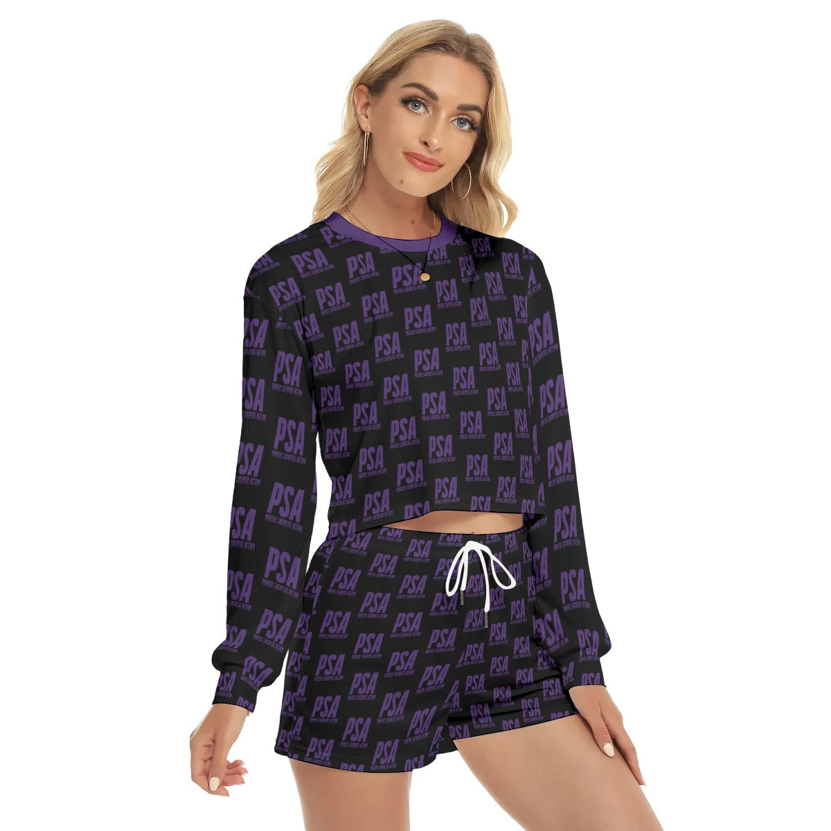 Purple Classic Women's Short Sweatshirt And Pants Suit