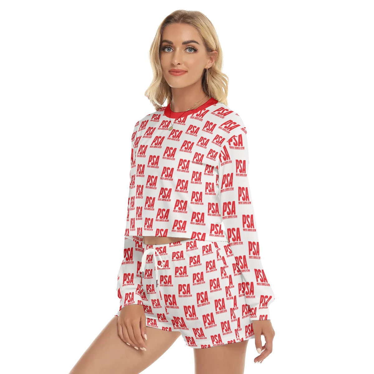 Red Classic Women's Short Sweatshirt And Pants Suit