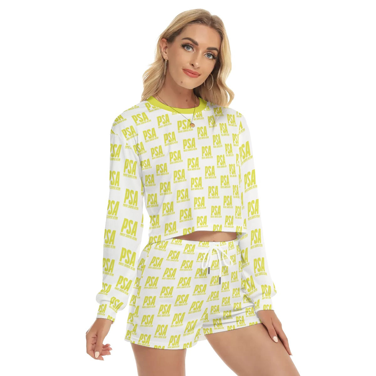 Yellow Classic Women's Short Sweatshirt And Pants Suit