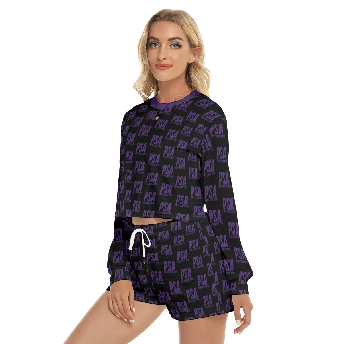 Purple Classic Women's Short Sweatshirt And Pants Suit