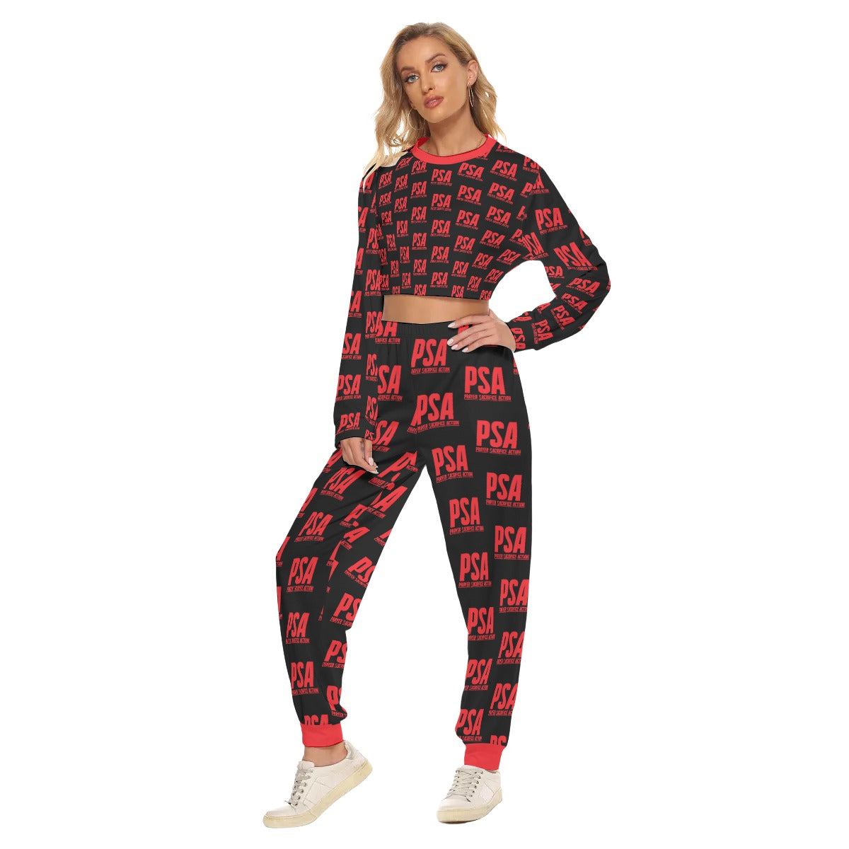 Red Classic Women's Crop Sweatshirt Suit
