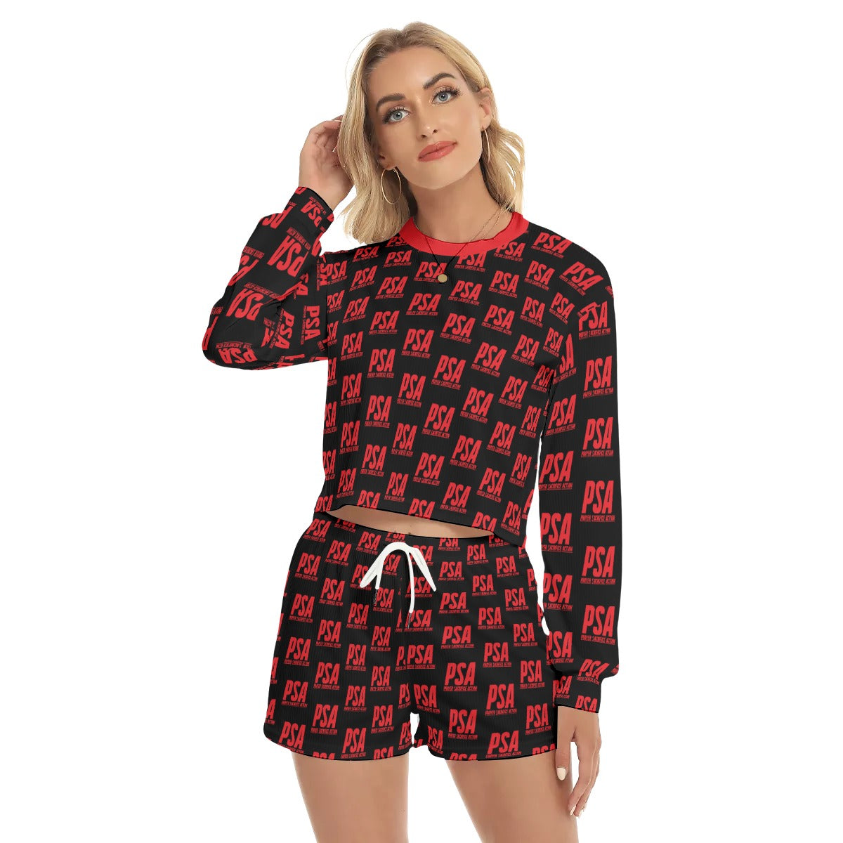Red Classic Women's Short Sweatshirt And Pants Suit