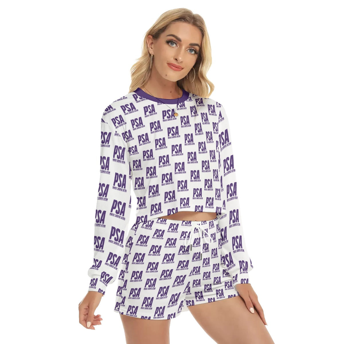 Purple Classic Women's Short Sweatshirt And Pants Suit