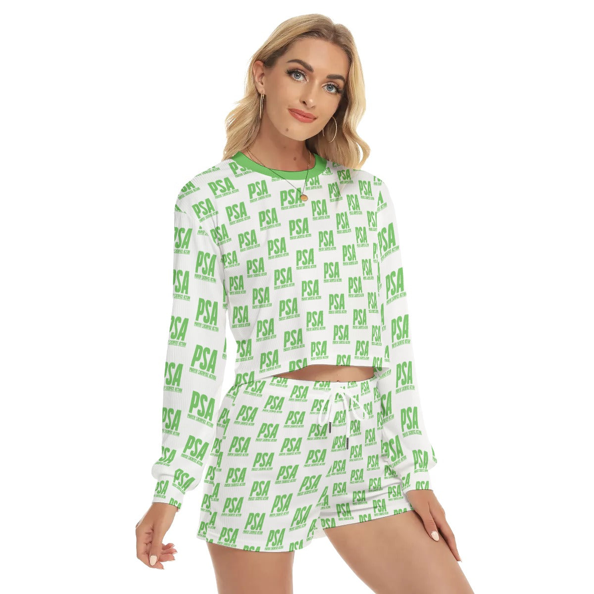 Green Classic Women's Short Sweatshirt And Pants Suit