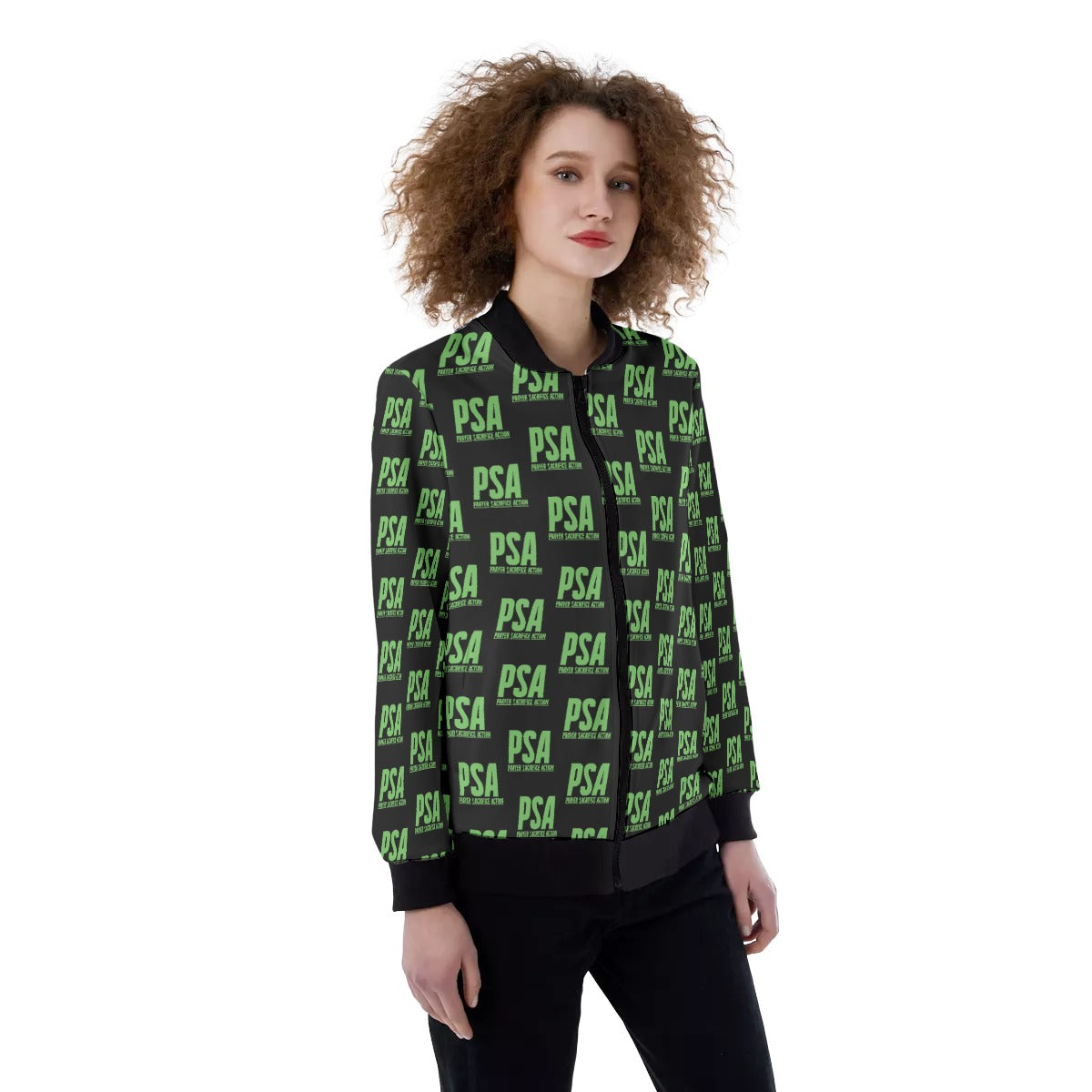 Green Print Women's Ribbed Stand-up Collar Jacket