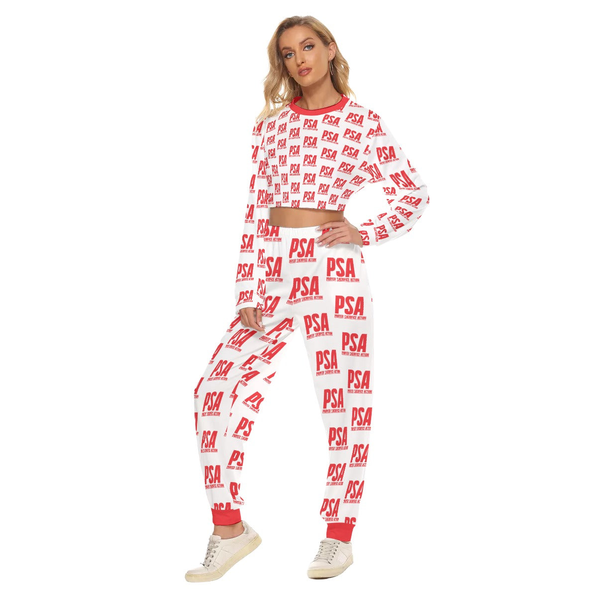 Red Classic Women's Crop Sweatshirt Suit