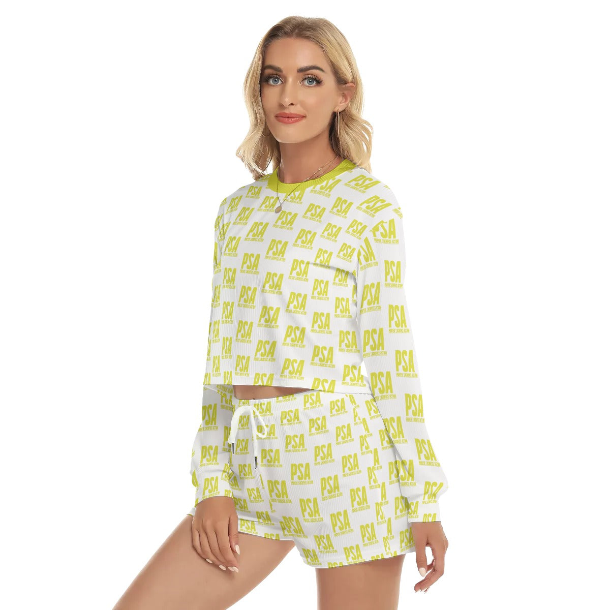 Yellow Classic Women's Short Sweatshirt And Pants Suit