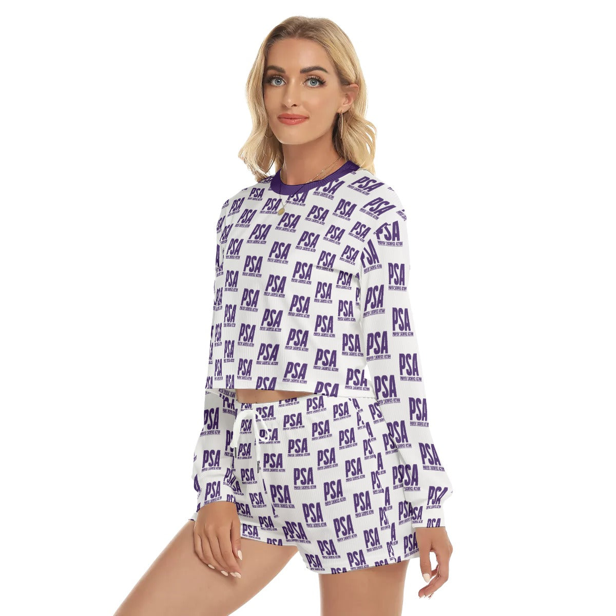 Purple Classic Women's Short Sweatshirt And Pants Suit