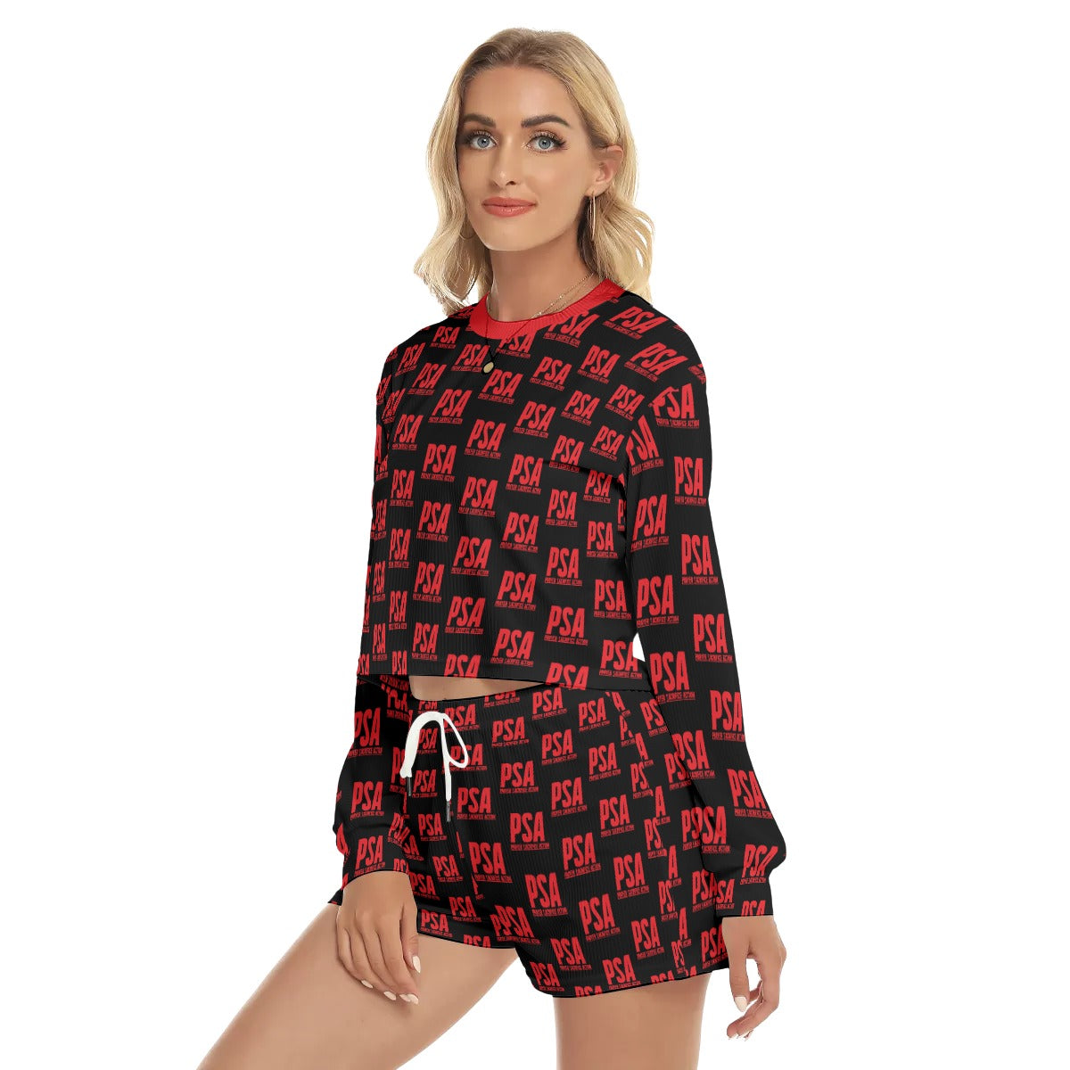 Red Classic Women's Short Sweatshirt And Pants Suit