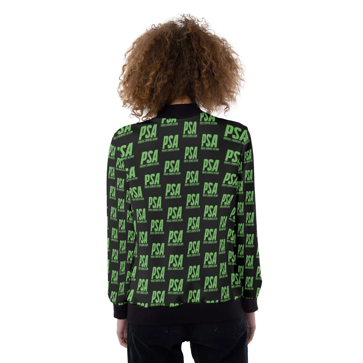 Green Print Women's Ribbed Stand-up Collar Jacket