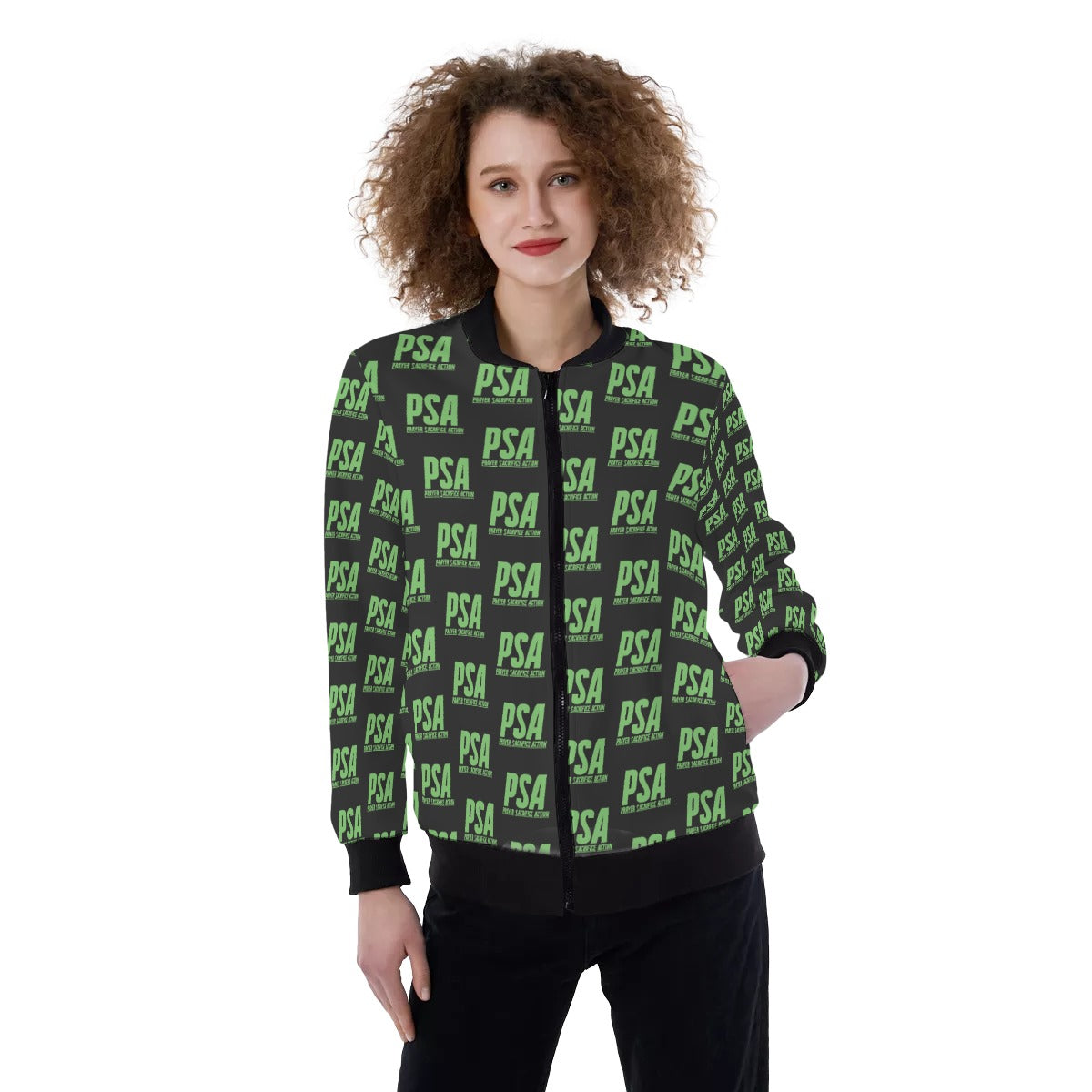 Green Print Women's Ribbed Stand-up Collar Jacket