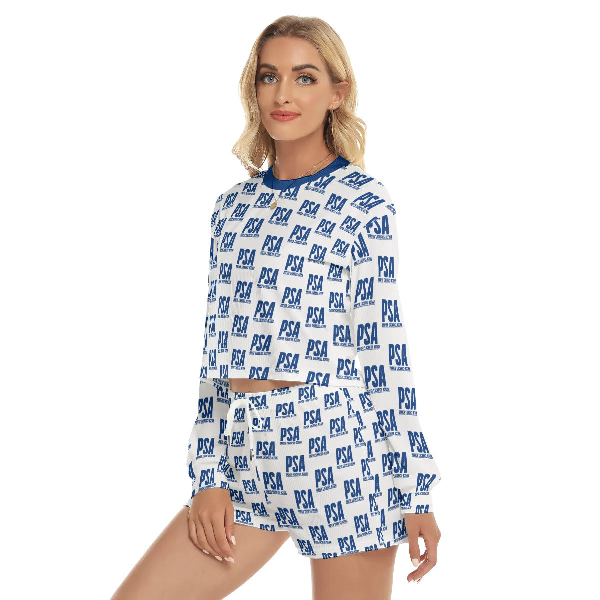 Blue Classic Print Women's Short Sweatshirt And Pants Suit