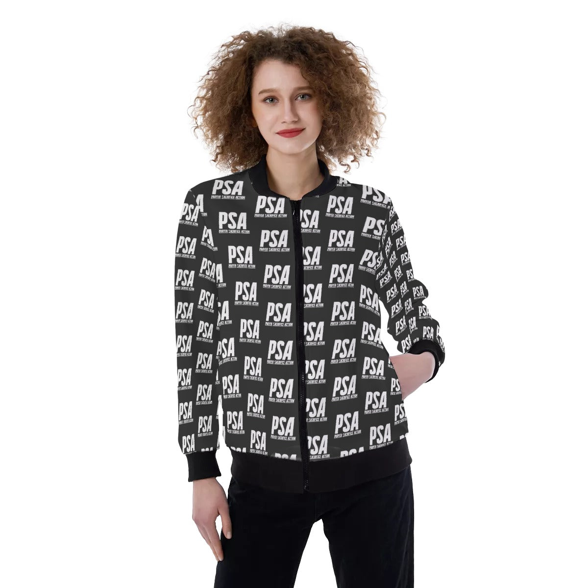White Print Women's Ribbed Stand-up Collar Jacket