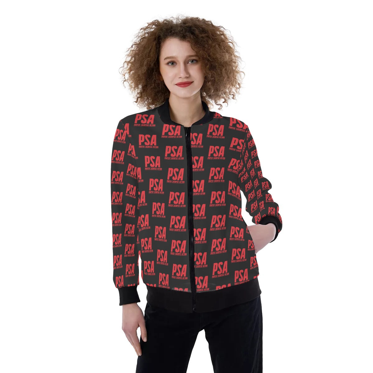 Red Print Women's Ribbed Stand-up Collar Jacket